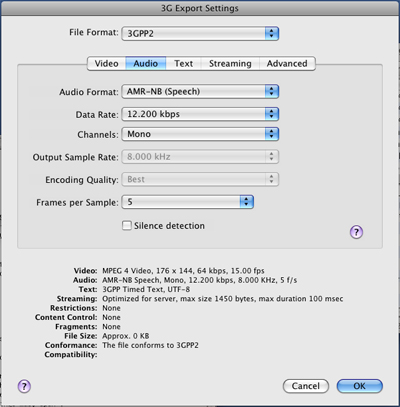 PcP Encodings - 3GPP (Release A) Server - Audio Settings